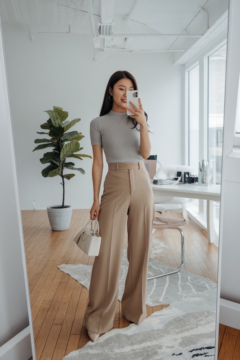 Japanese woman taking a mirror selfie wearing a
fine-knit top paired with smart casual office pants, bright minimalist interior — women smart casual office outfits.