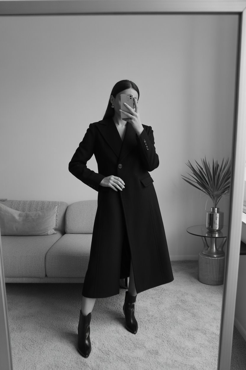 Elegant woman taking a mirror selfie in a
monochrome winter outfit featuring a structured black coat and sleek boots. Her face is not shown, creating a polished and professional mood.
