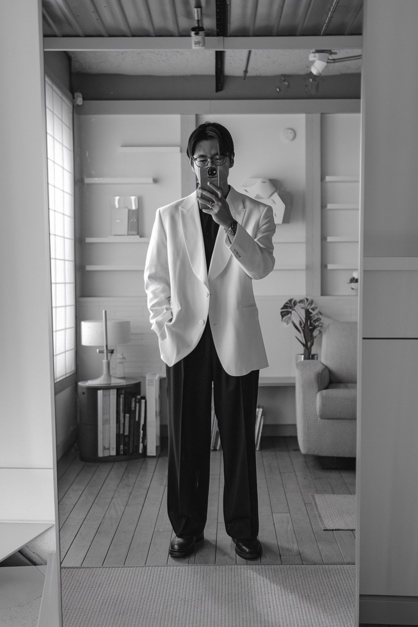 Japanese man taking a mirror selfie in a
clean-cut minimalist jacket paired with monochrome trousers, sleek modern interior — japanese mens minimalist style.