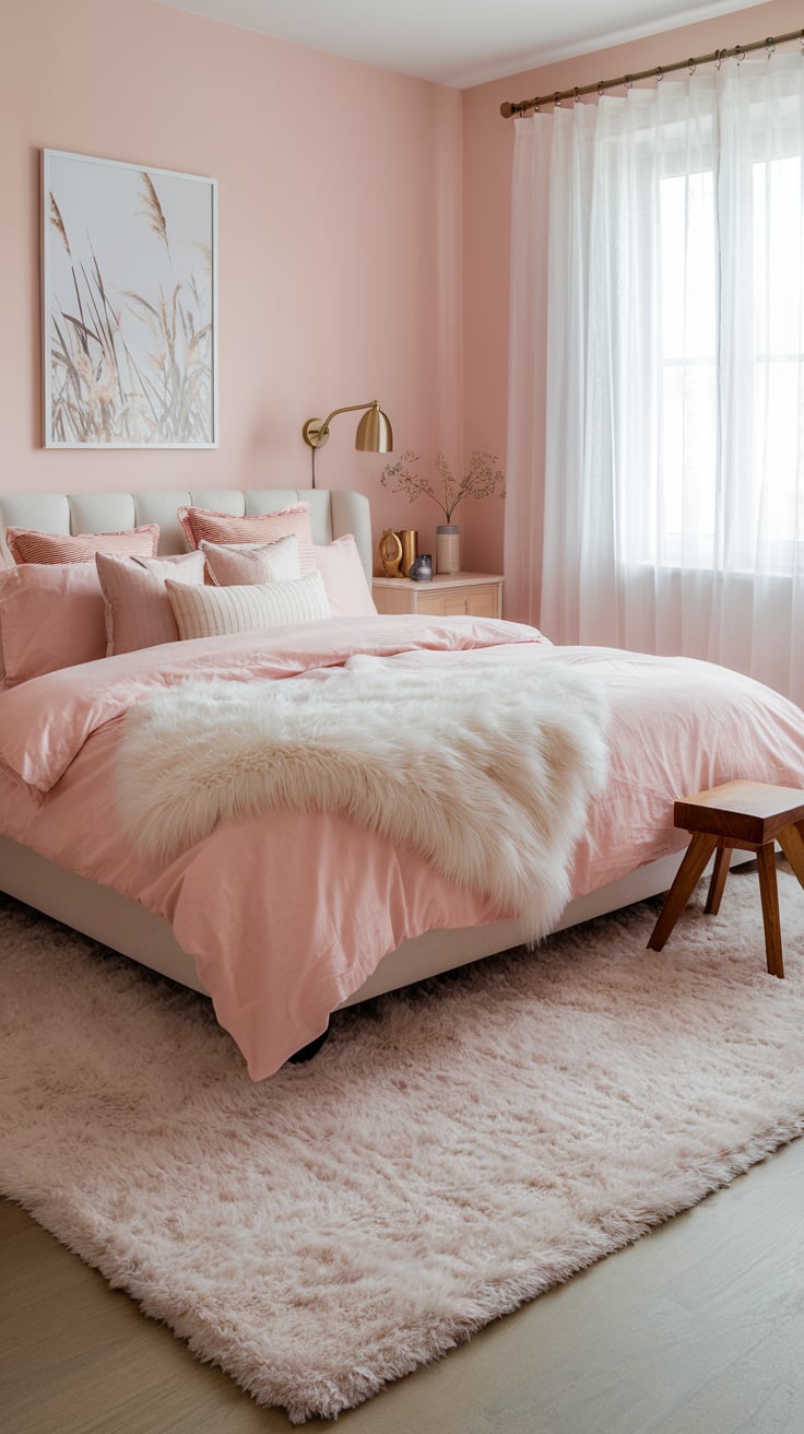 Soft pink kids’ bedroom with a cozy bed adorned with pastel bedding, a decorative canopy, and plush toys, creating a dreamy, whimsical space for a little girl
