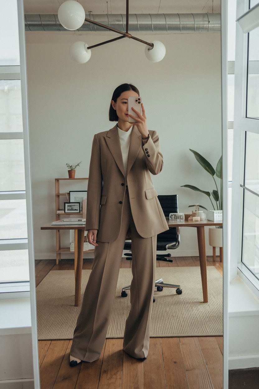 Japanese woman taking a mirror selfie wearing an
executive minimalist office look with clean silhouettes, calm bright interior — women minimalist office fashion.
