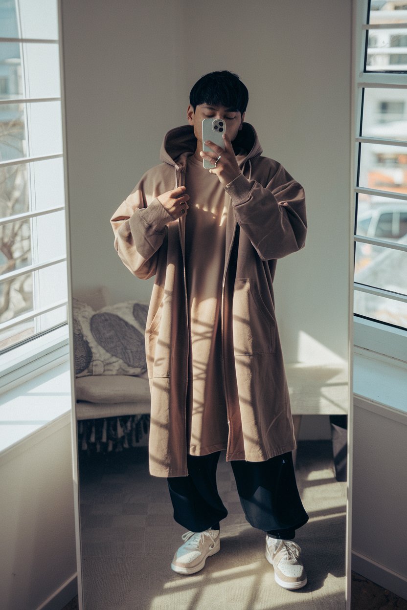 Japanese man taking a mirror selfie in an
oversized hoodie layered over a long tee with minimal sneakers, soft natural lighting — japanese mens streetwear.