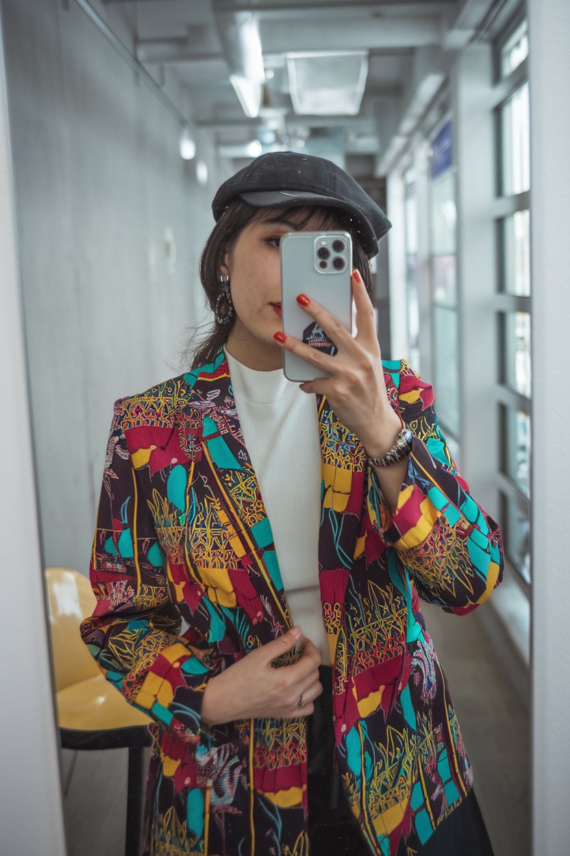 Japanese woman taking a mirror selfie in a bold
Harajuku outfit mixing vibrant patterns and strong colors — harajuku women outfit ideas.