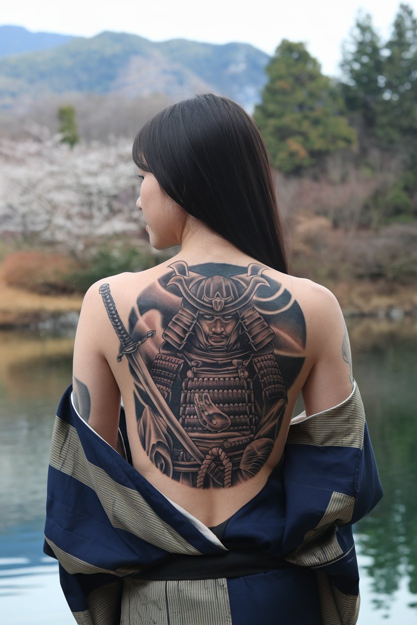 "Samurai Tattoo leg A detailed Japanese-style leg sleeve tattoo featuring Hannya masks and intricate designs.