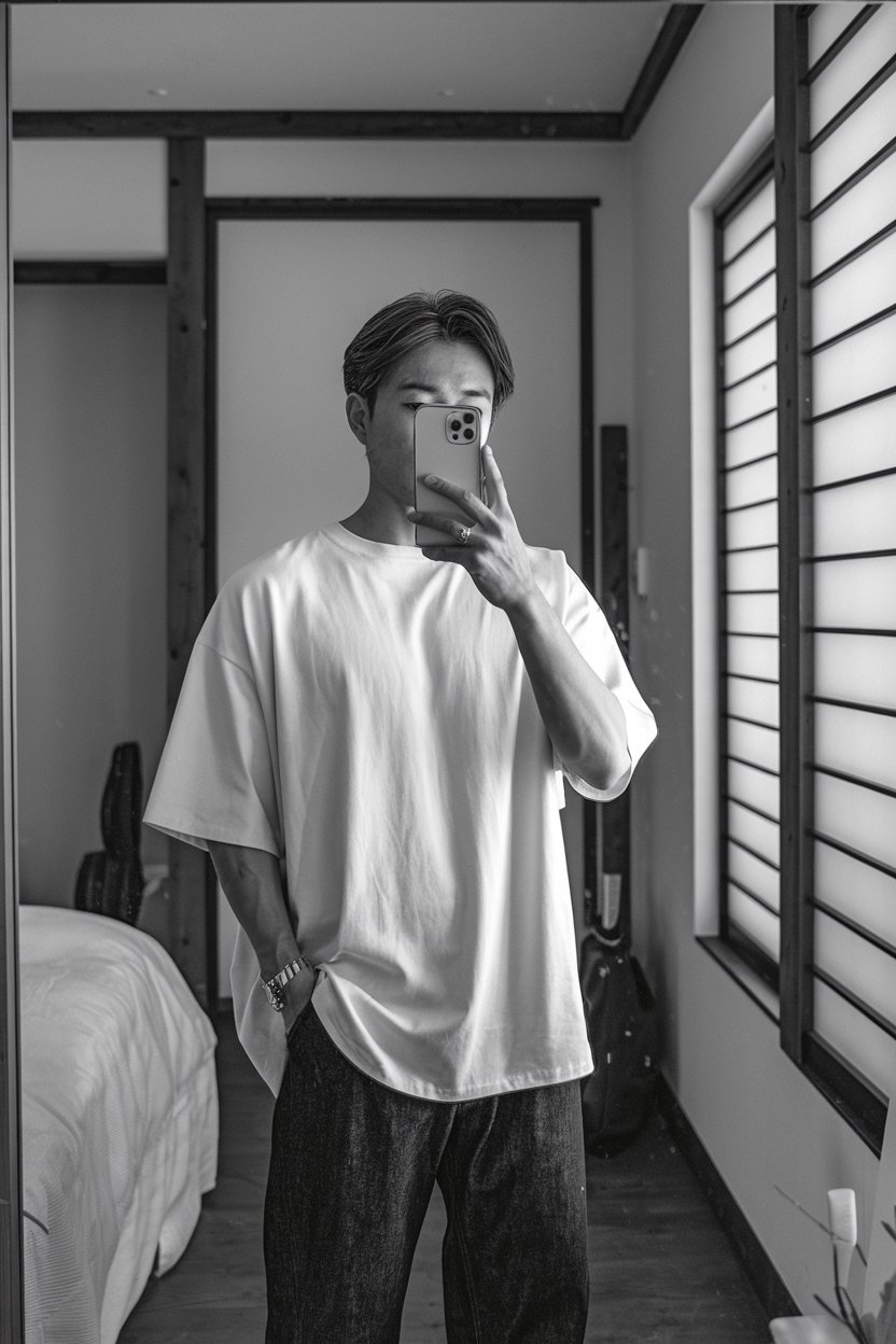 Japanese man taking a mirror selfie wearing a
loose white t-shirt with dark denim pants, clean sharp interior — japanese mens casual everyday style.