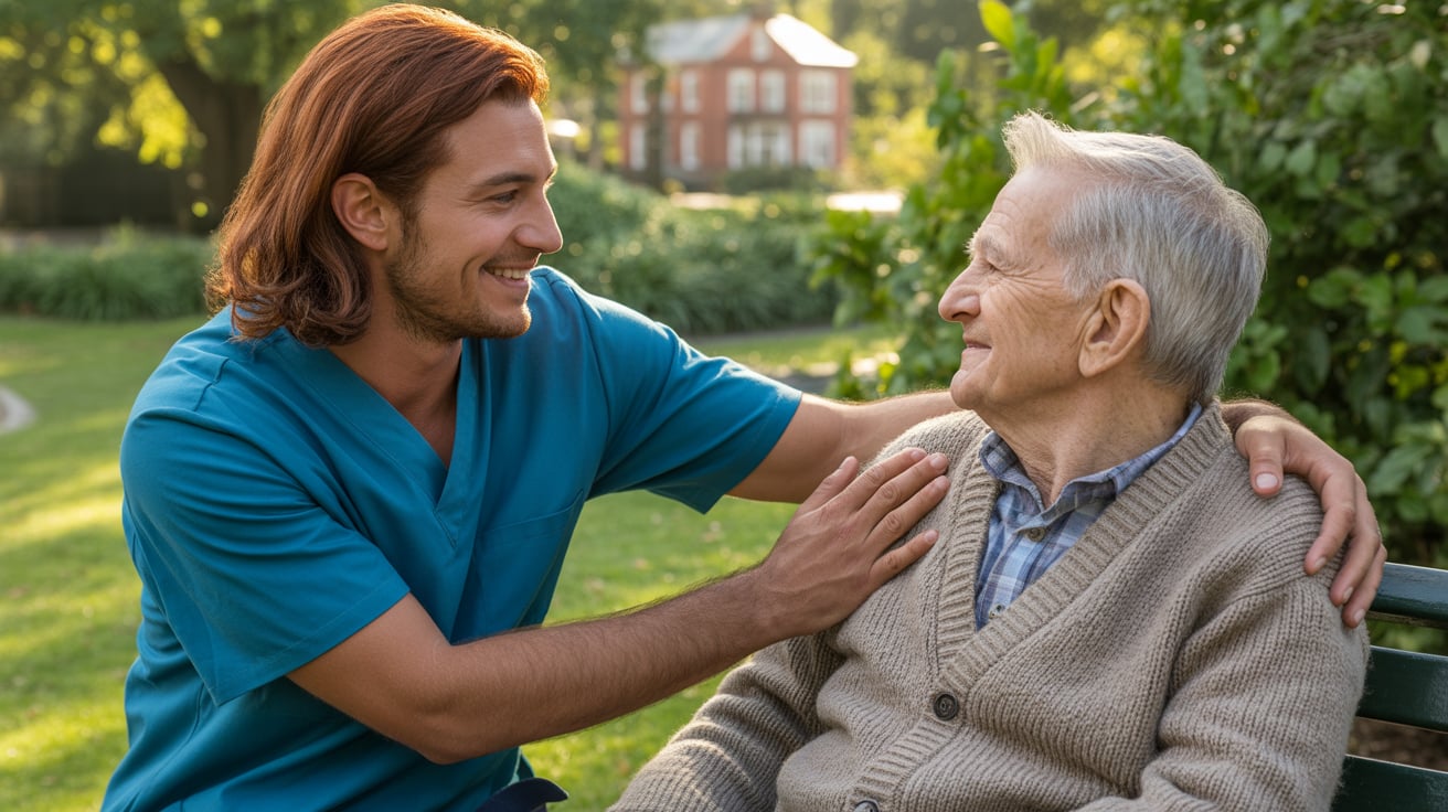Carer and elderly client smiling during home visit