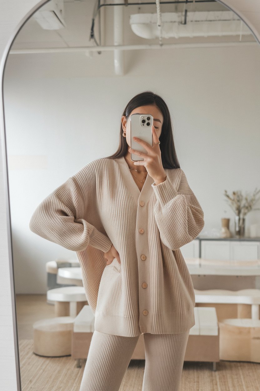 Japanese woman taking a mirror selfie wearing a
soft beige knit business outfit with clean lines, bright minimalist interior — women soft beige business outfits.