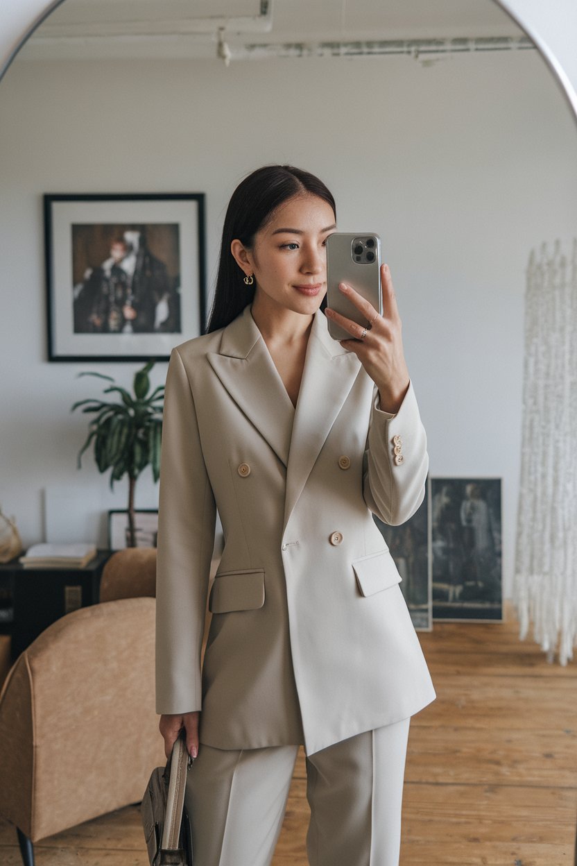 Japanese woman taking a mirror selfie wearing a
neutral timeless business suit, elegant professional space — women timeless business fashion.