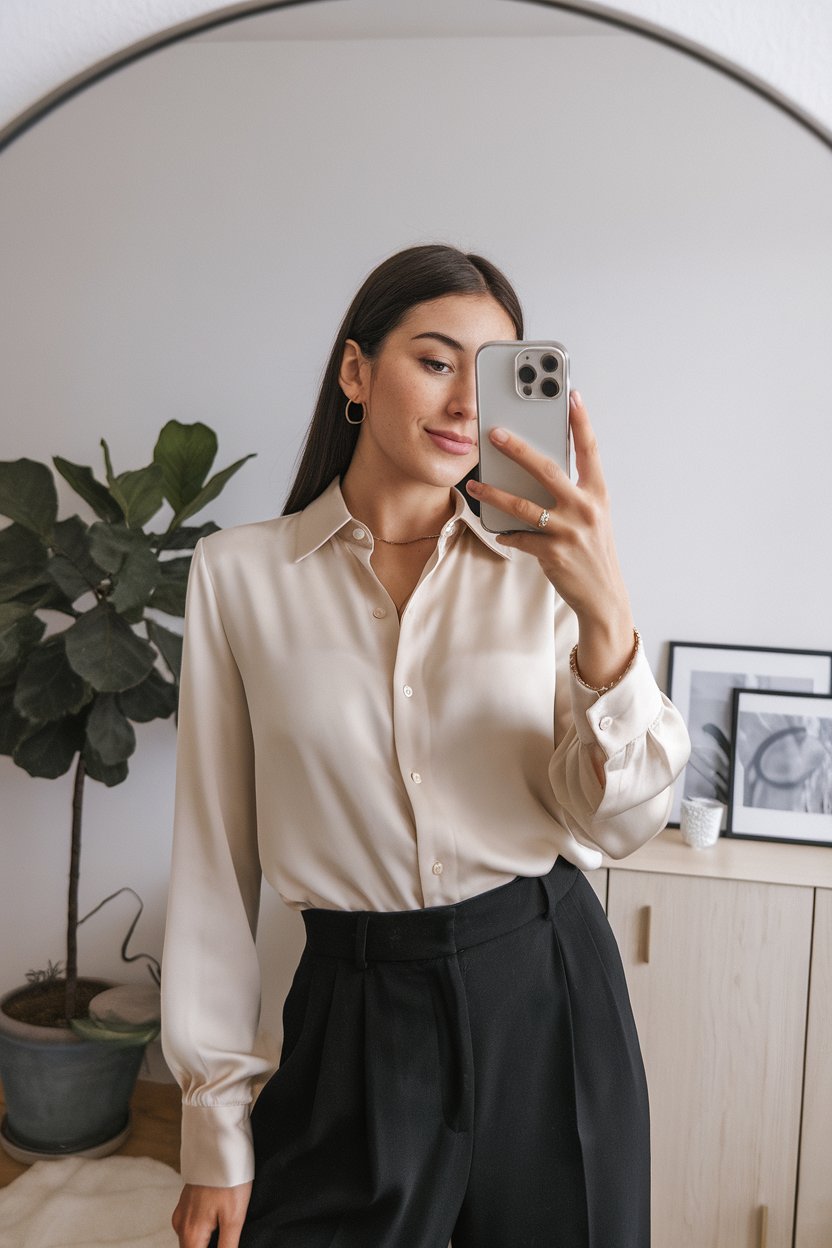 Japanese woman taking a mirror selfie wearing a
neutral-toned silk blouse with clean draping, modern professional space — women silk blouse business outfits.