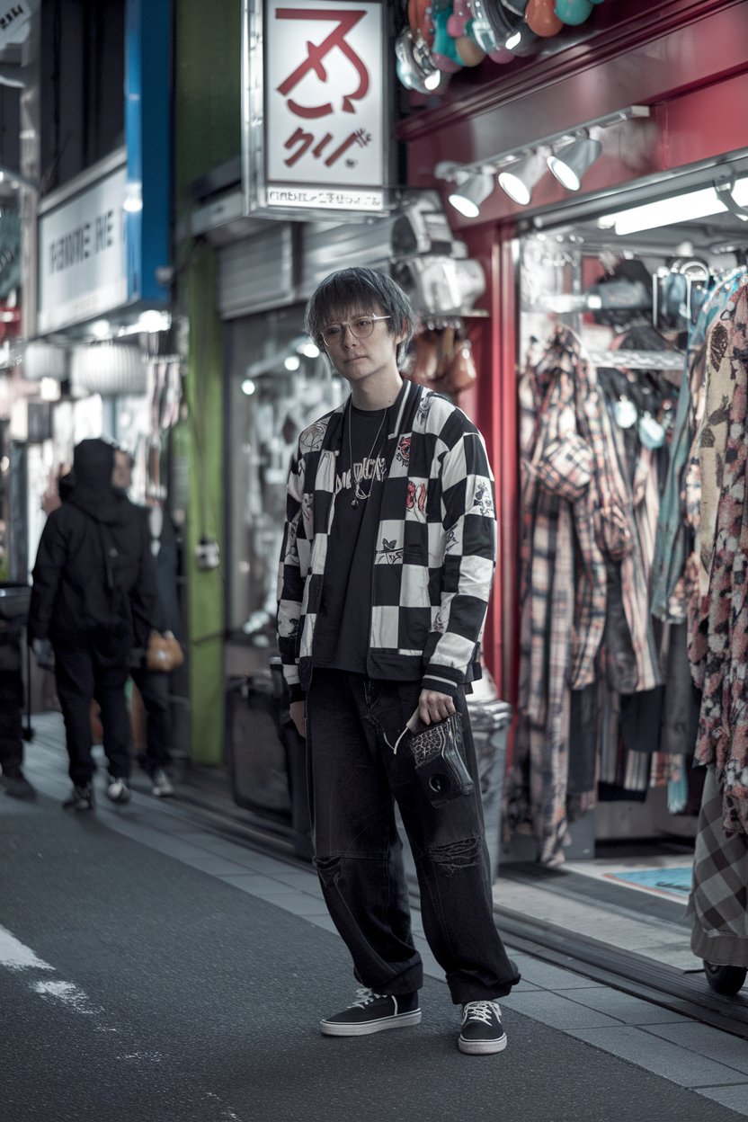 Japanese man in skate-punk inspired streetwear,
standing in vibrant Harajuku, colorful shops and artistic street culture around him — japanese mens fashion street styles.