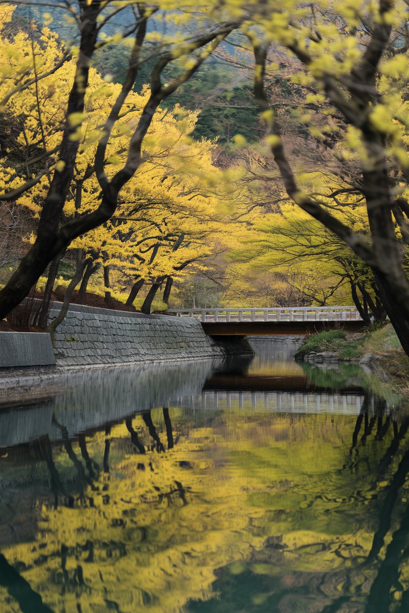A real-life shot from Yellow Spring Road in autumn, where yellow leaves cover the ground and stone lanterns stand beside a small stone statue and traditional buildings.