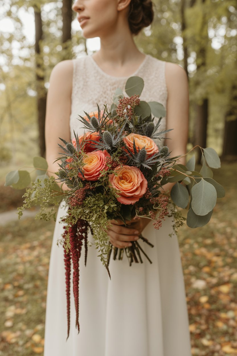 Terracotta and cream boho bridal bouquet with dried palms.
