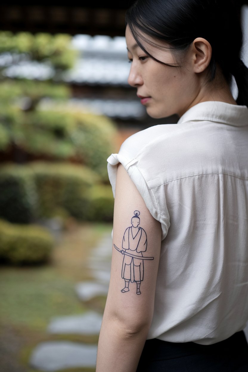 A Japanese woman with a subtle Samurai tattoo in minimalist style, captured with her face in clear view.