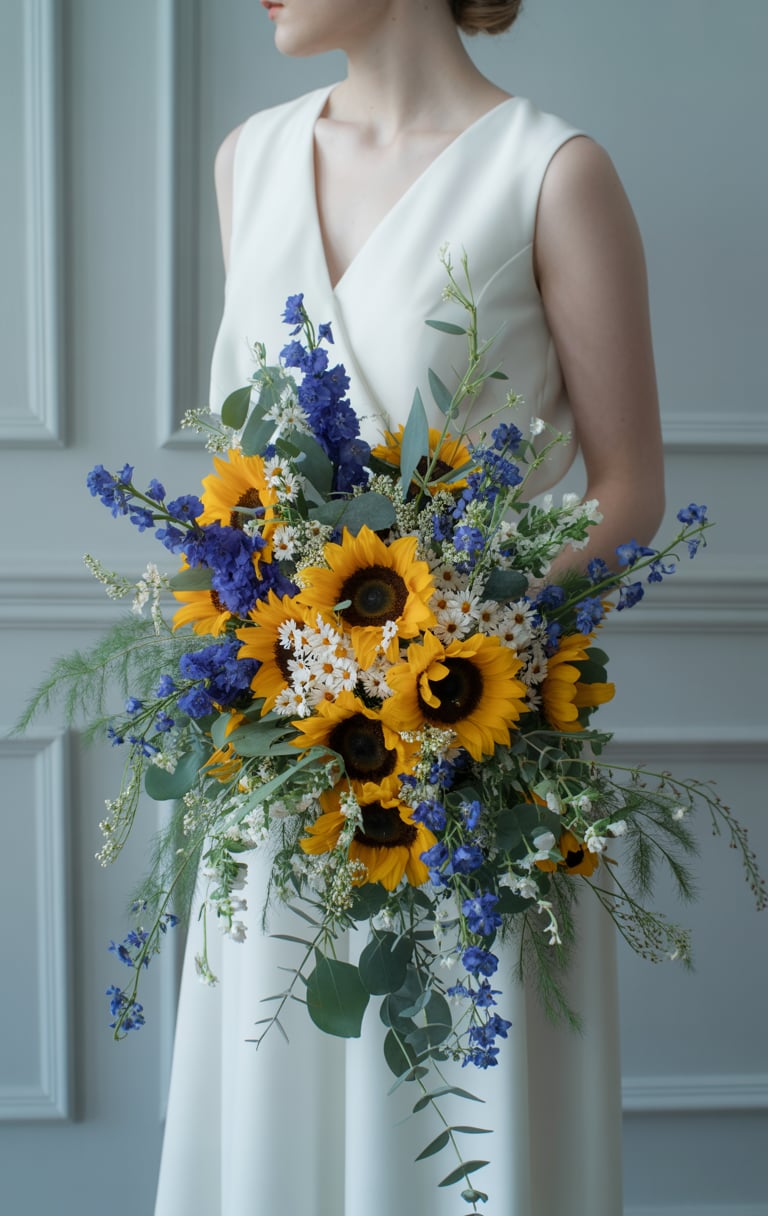 Marigold and plum fall bouquet palette on white linen backdrop.