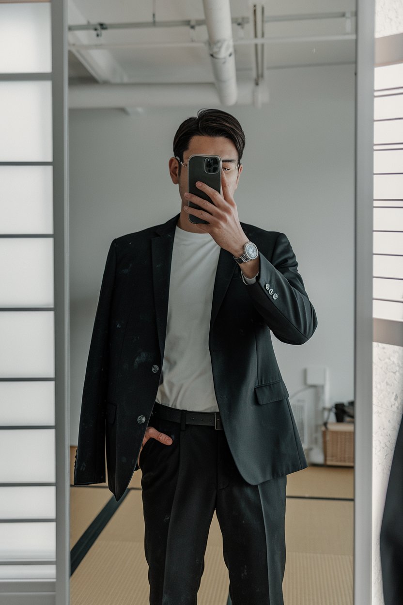 Japanese man taking a mirror selfie in a sleek
dark business-casual outfit with minimalist jacket, clean modern room — japanese mens business casual.