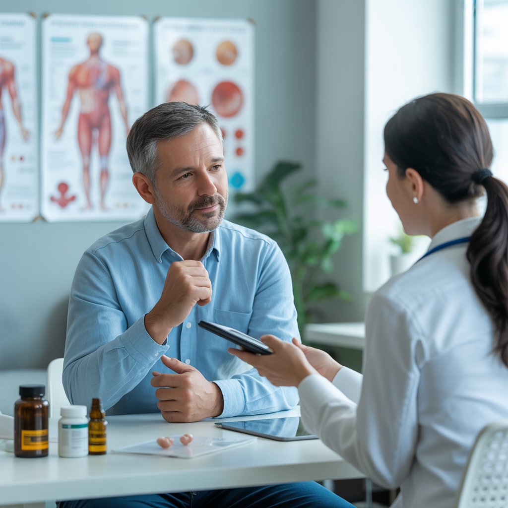 Man discussing men's reproductive health with health care provider.