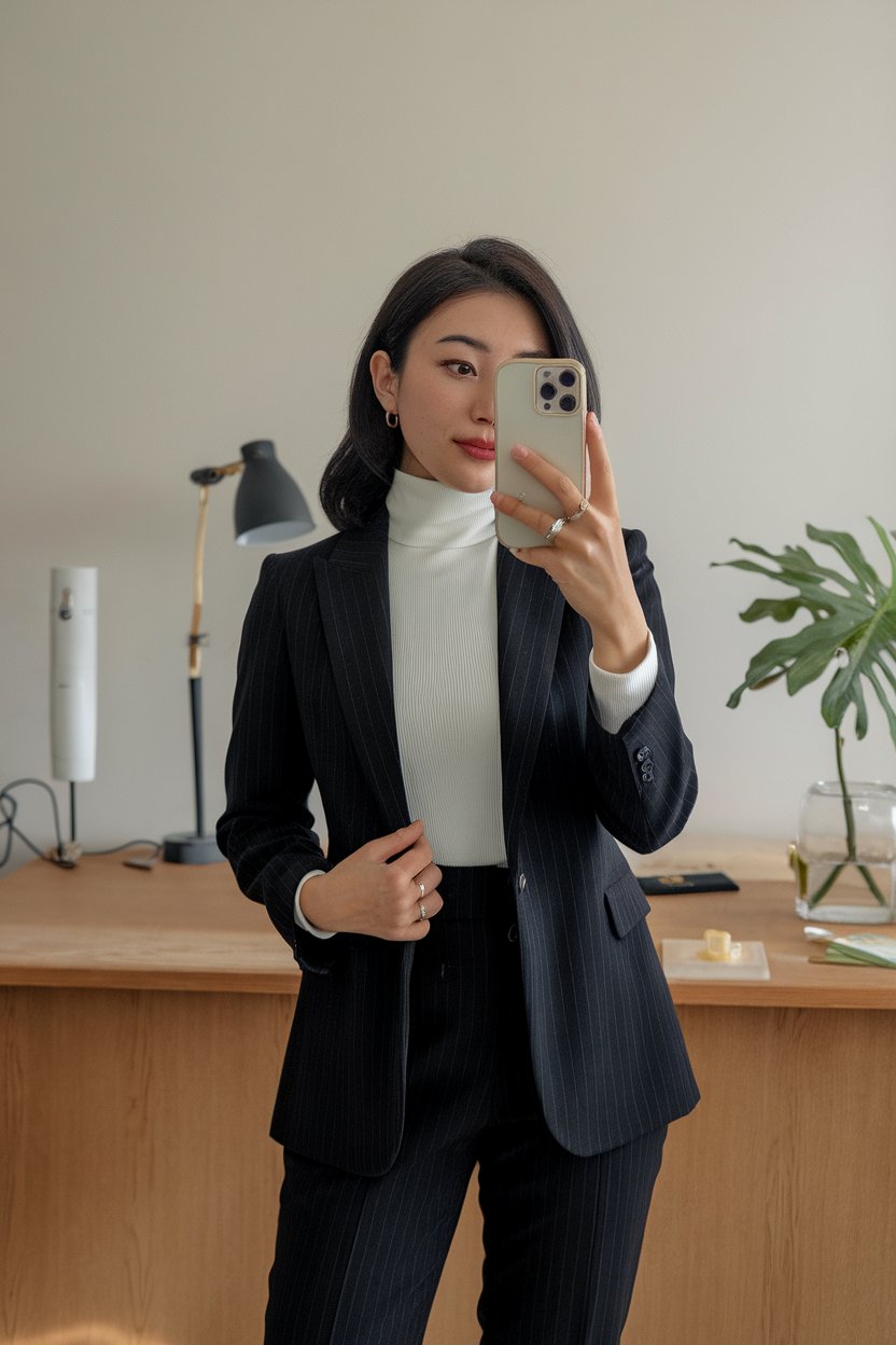 Japanese woman taking a mirror selfie wearing an
executive minimalist turtleneck office outfit with refined styling, calm professional setting — women business turtleneck outfits.