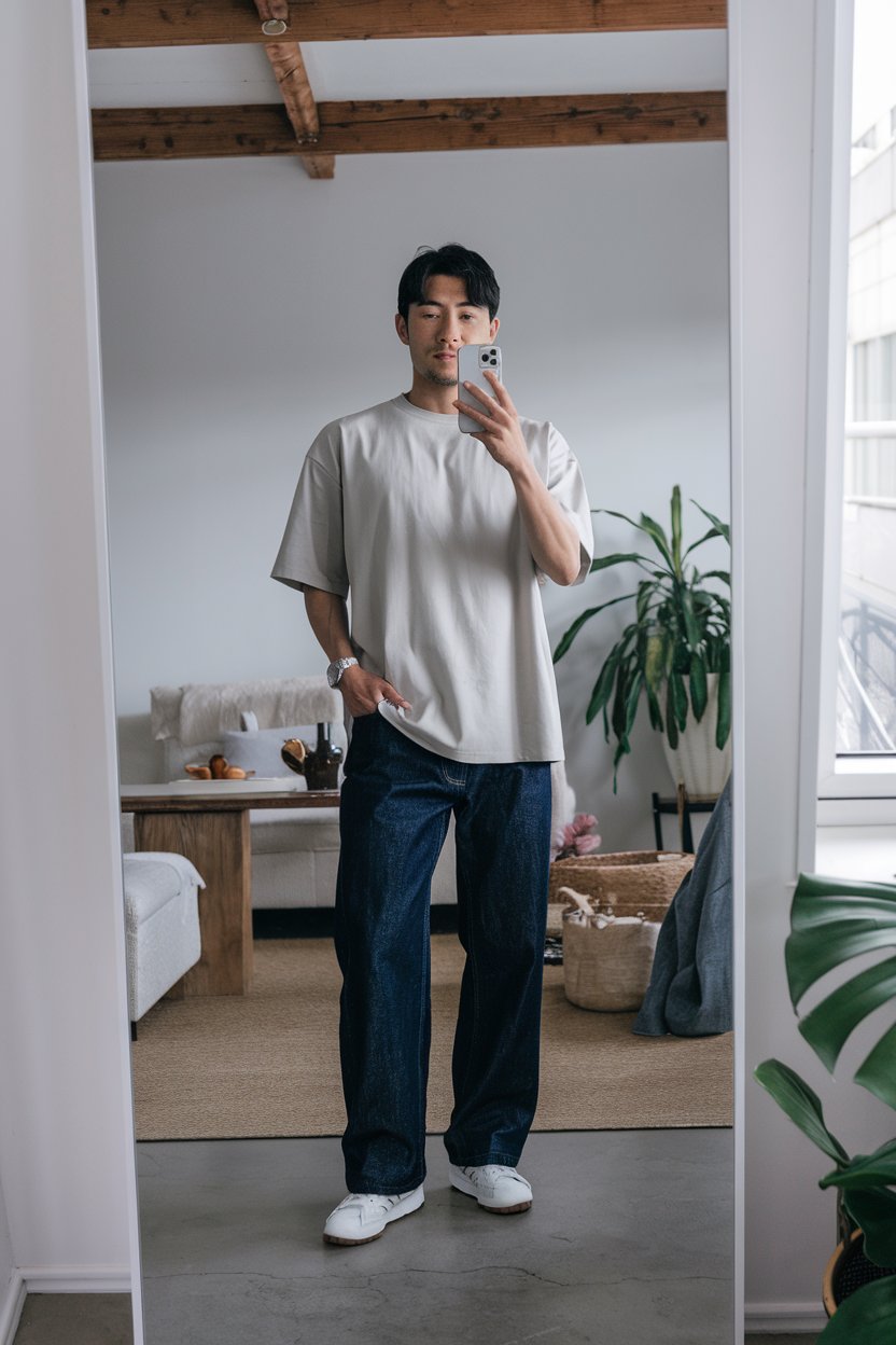 Japanese man taking a mirror selfie wearing a
loose neutral t-shirt with straight-leg denim pants, clean bright interior — japanese mens casual everyday style.