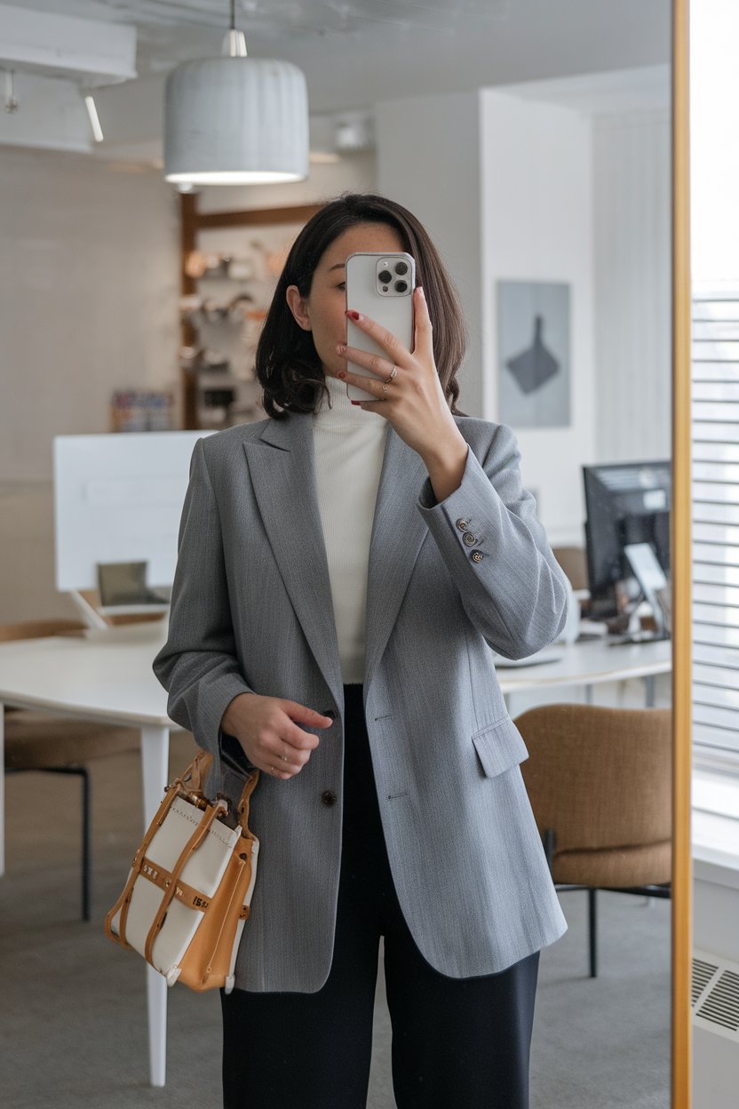 Japanese woman taking a mirror selfie wearing
layered smart casual office pieces with relaxed tailoring, modern office environment — women smart casual office outfits.