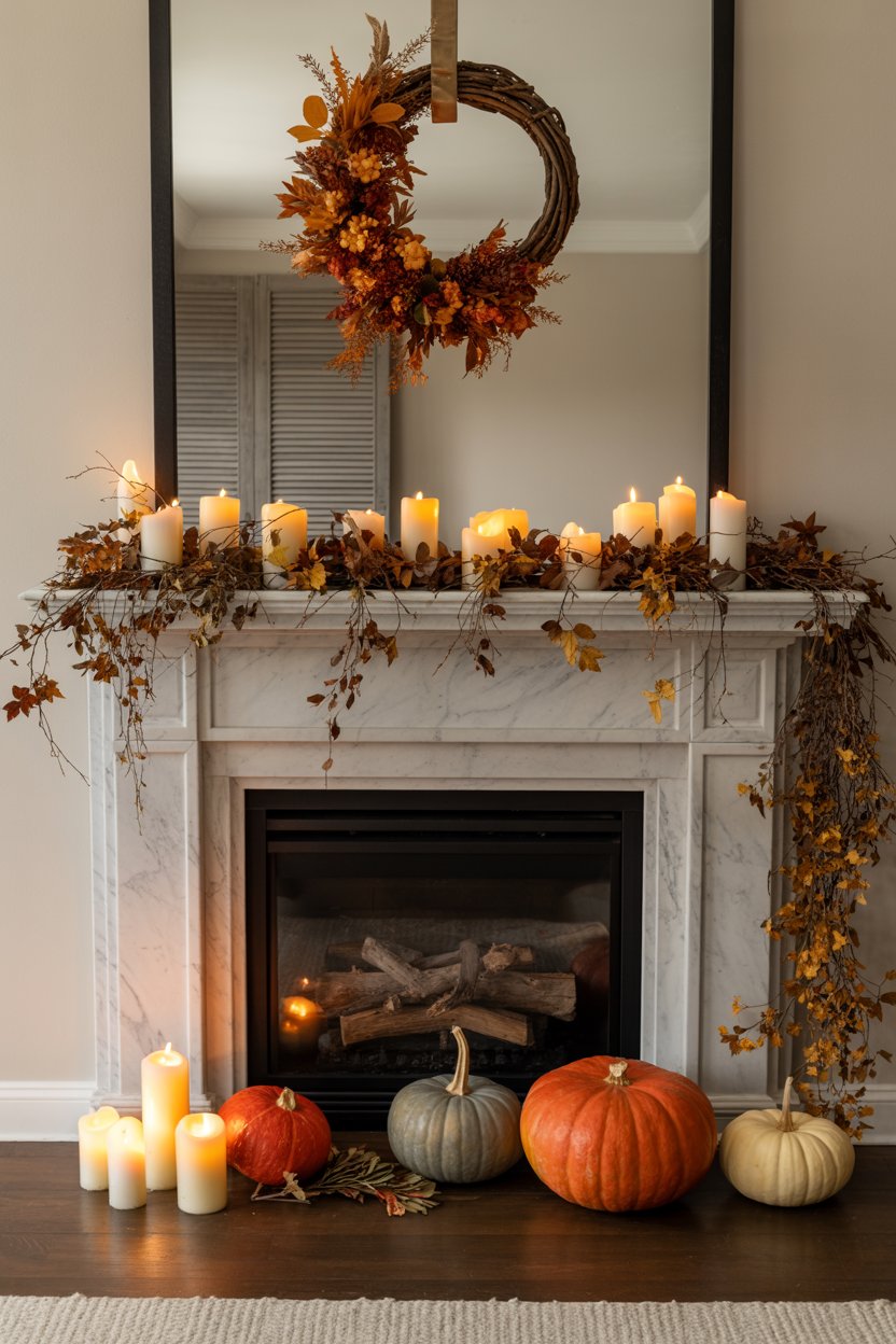 “Fall mantel decoration featuring a balance of rustic and modern elements”

