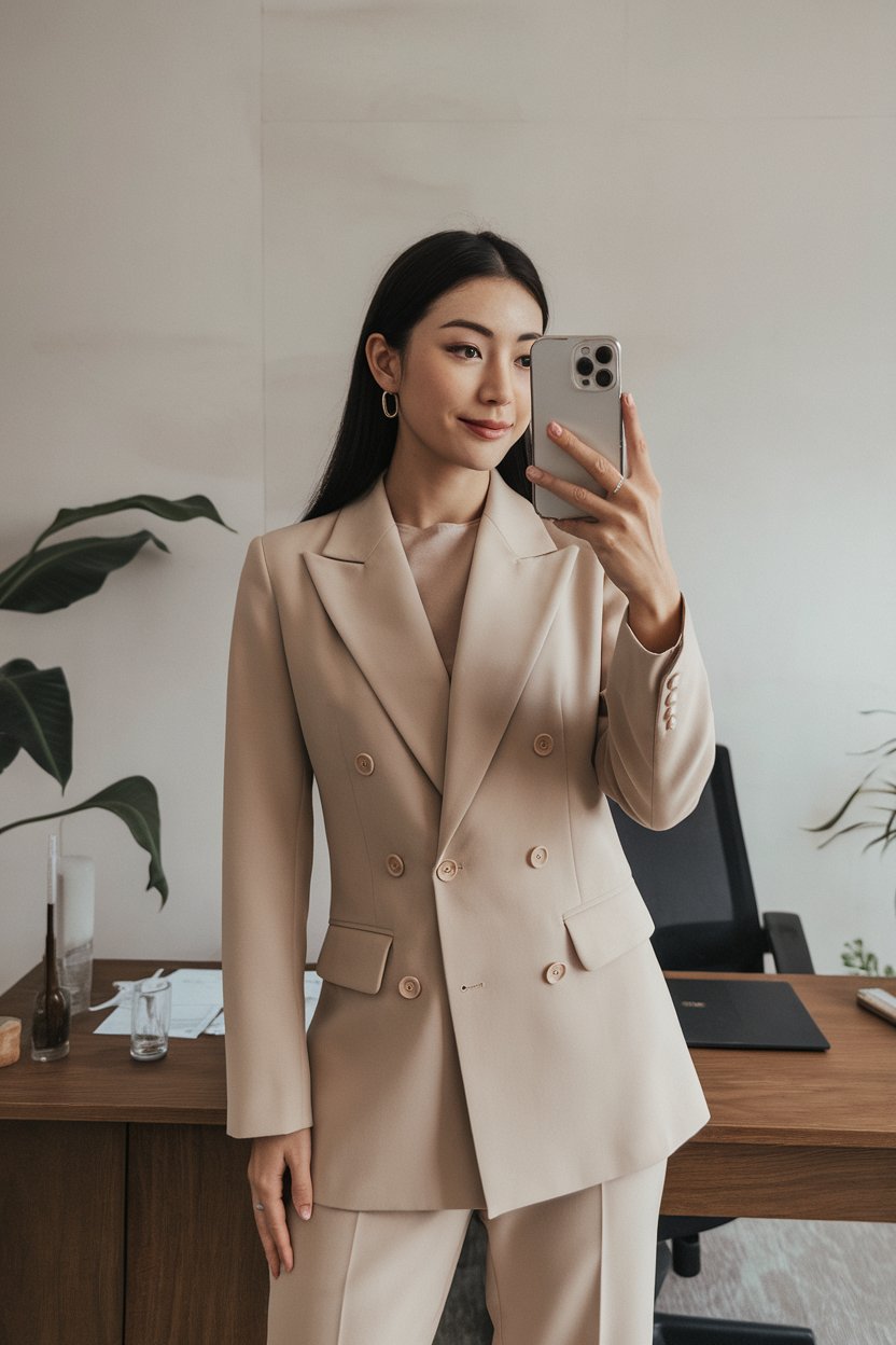 Japanese woman taking a mirror selfie wearing a
soft beige executive office outfit with refined tailoring, calm professional setting — women soft beige business outfits.