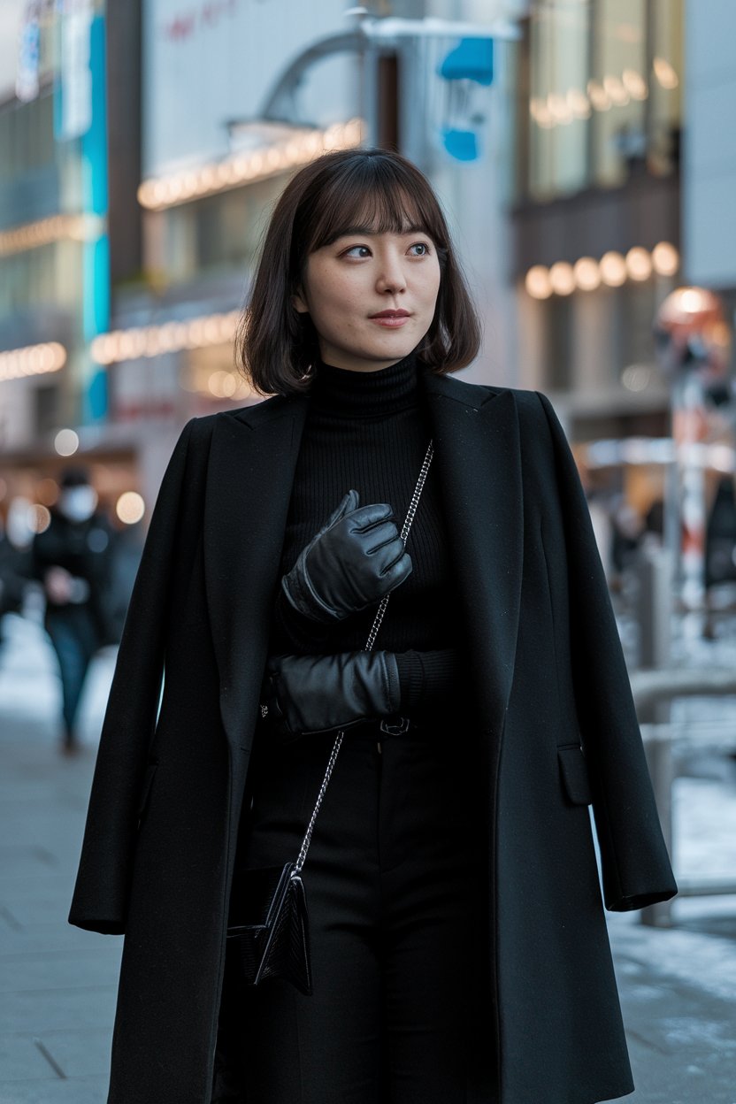 Japanese woman in sleek all-black winter outfit
with structured coat, Yokohama winter city backdrop — japanese winter outfits.