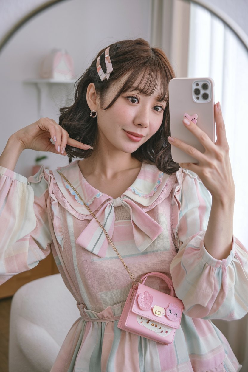 Japanese woman taking a mirror selfie in a soft
pastel kawaii outfit with playful hair clips and a tiny crossbody bag, soft natural lighting — japanese women kawaii fashion.