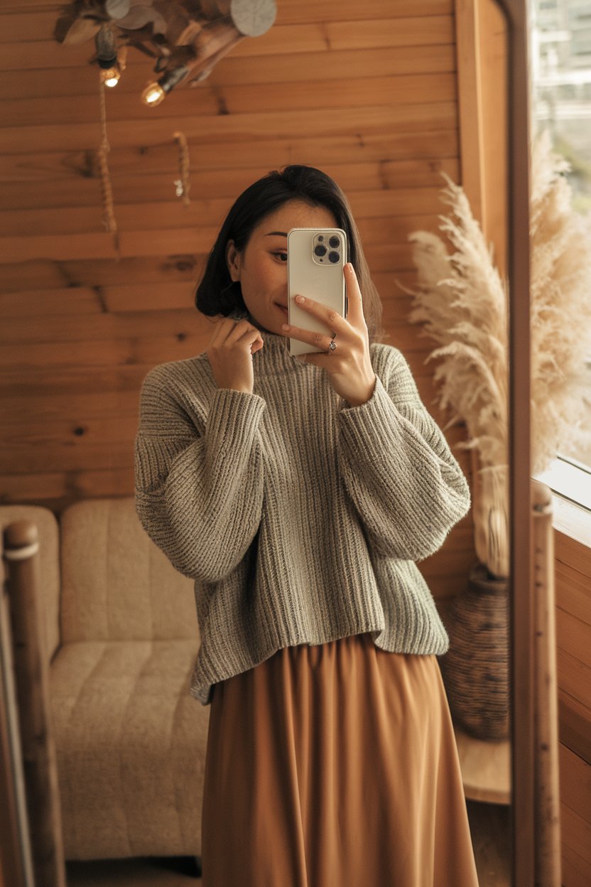 Japanese woman taking a mirror selfie wearing a
cozy knit sweater paired with a soft midi skirt, warm natural lighting — japanese women autumn fashion.
