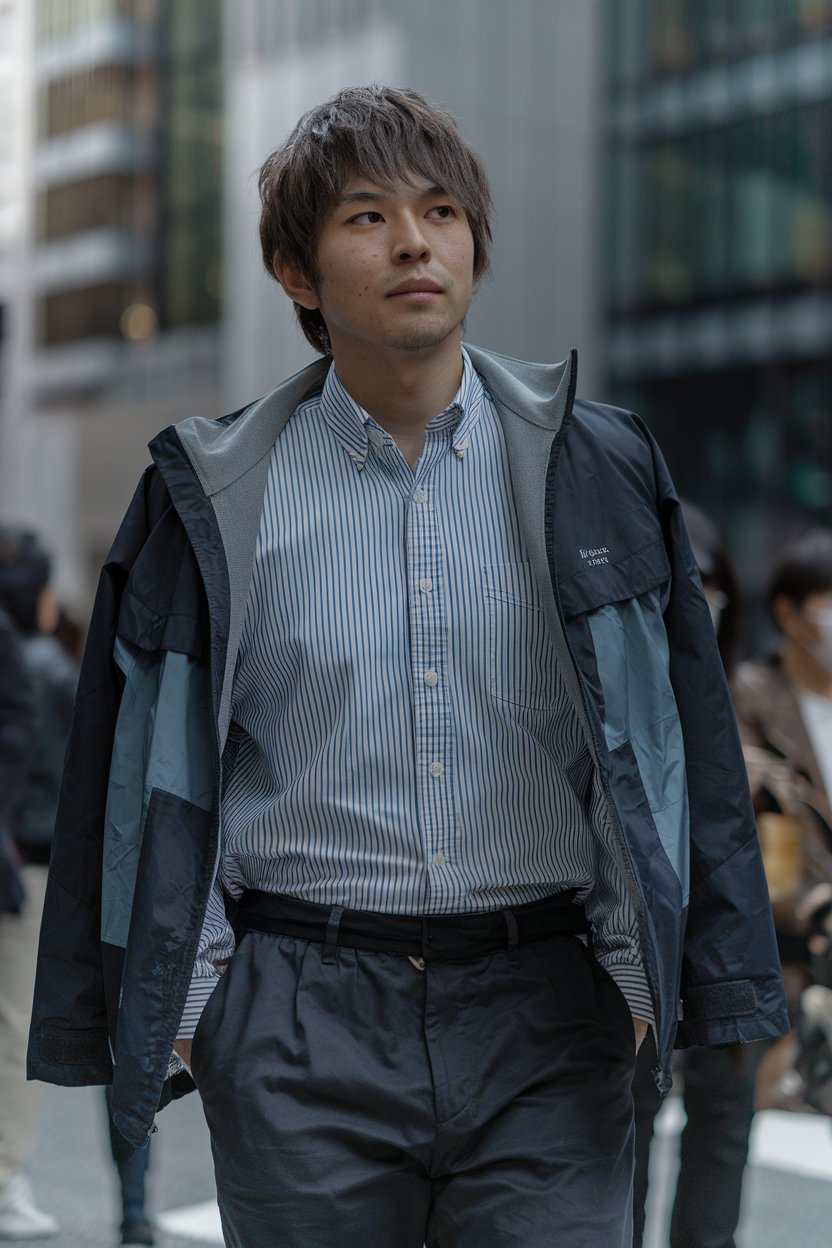 Japanese man wearing crisp button-up with
relaxed trousers and tech-fabric jacket, Marunouchi business district backdrop — japanese street wear mens.