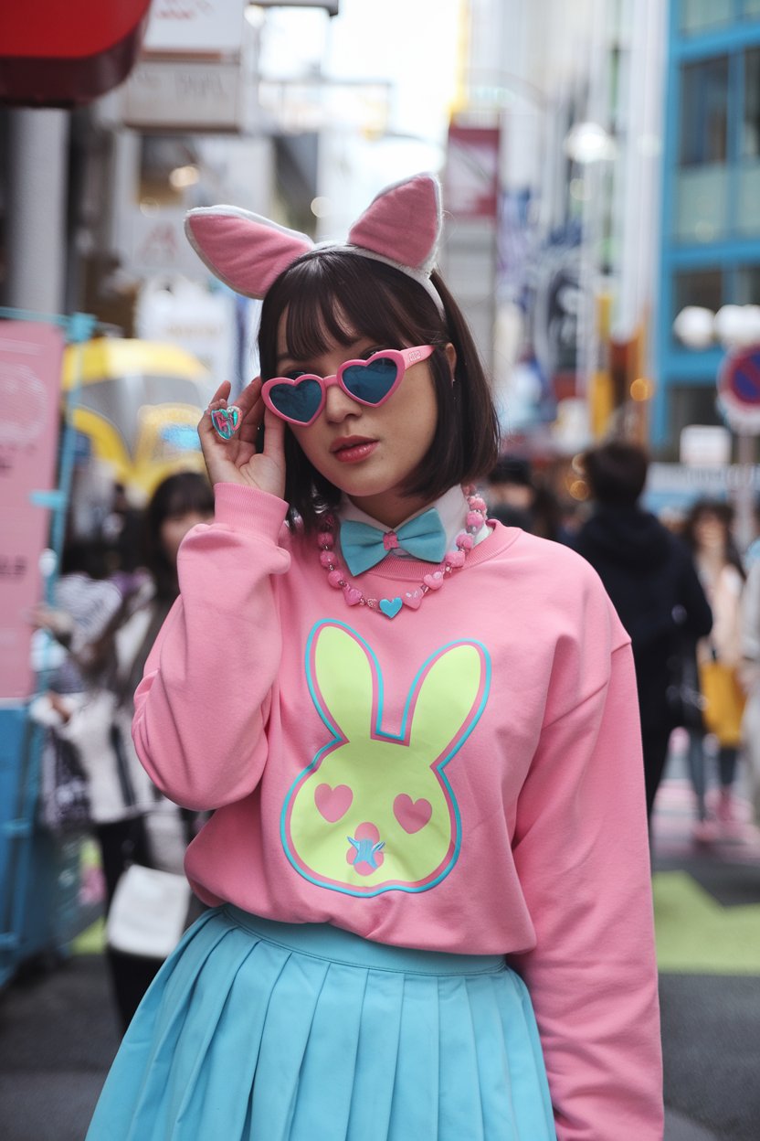 A photo of a Japanese woman in a vibrant
Harajuku fashion style. She is standing in a colorful street in Tokyo. She is wearing a bright pink sweater with a playful bunny logo and a pastel blue skirt. She also wears pink and blue heart-shaped sunglasses, a pink and blue heart-shaped necklace, and a pink and blue heart-shaped ring. The background is filled with lively urban elements, such as street signs, buildings, and other pedestrians.
