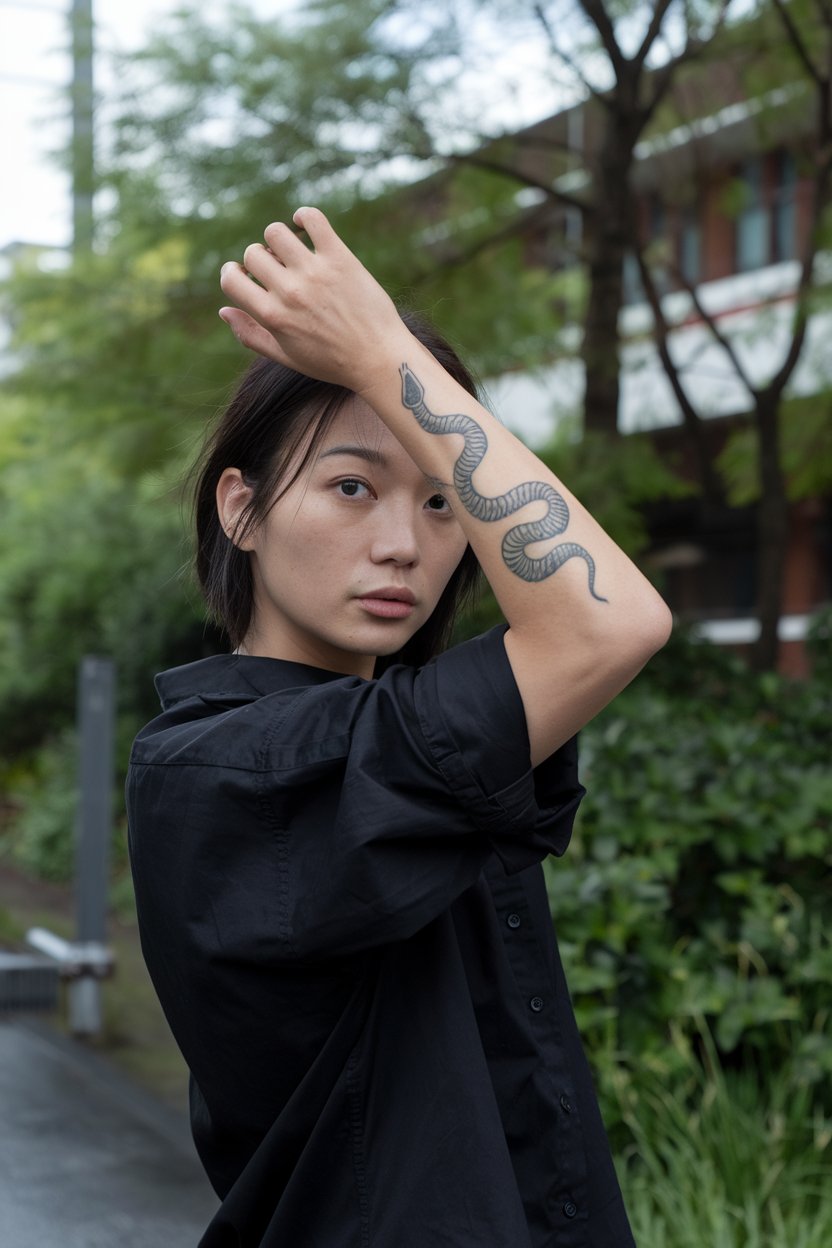 japanese woman with a snake tattoo on her forearm
