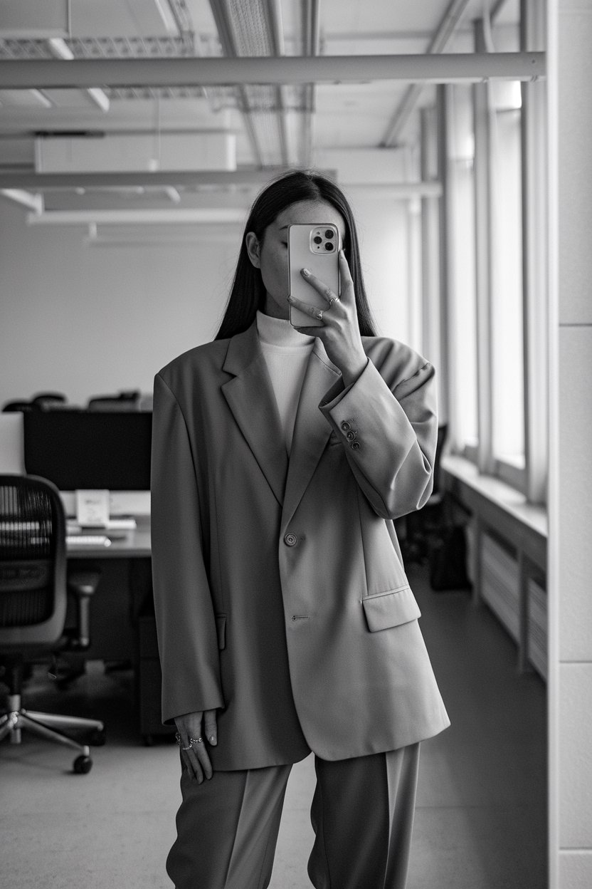 Japanese woman taking a mirror selfie wearing an
oversized blazer with tailored trousers, clean office interior — women oversized blazer business look.