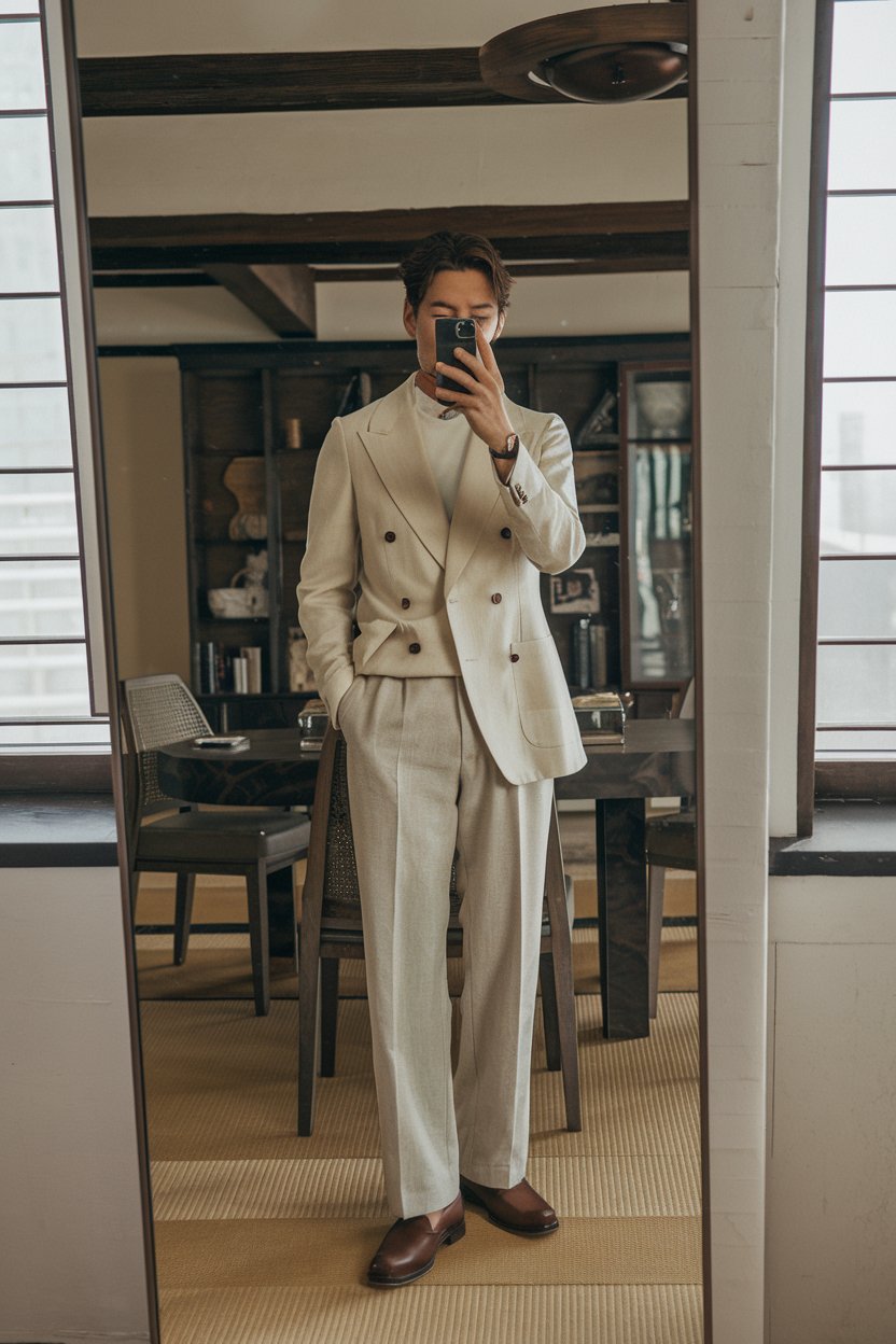 Japanese man taking a mirror selfie wearing
neutral-toned business-casual clothing in beige and stone, refined interior — japanese mens business casual.
