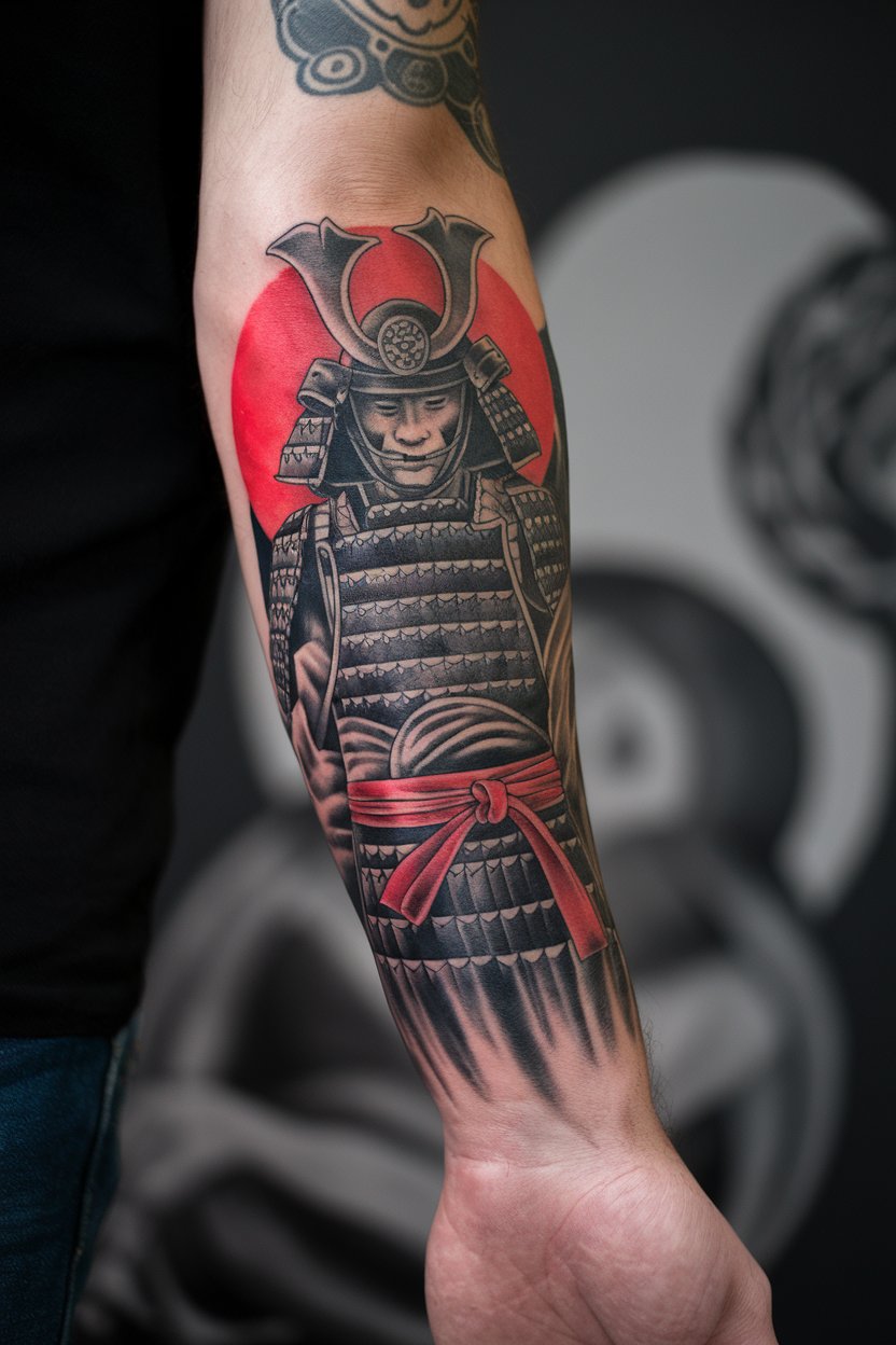 Samurai Tattoo forearm A detailed black and grey
tattoo of a samurai with a red sash on the forearm