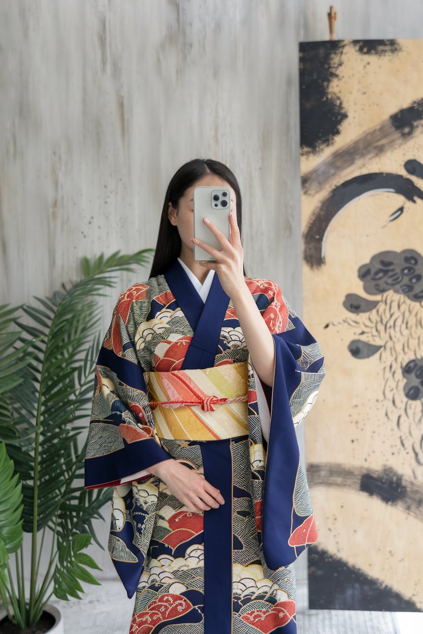 Japanese woman taking a mirror selfie in a
kimono featuring bold traditional patterns with a coordinated obi belt, minimal artistic background — japanese women kimono fashion.
