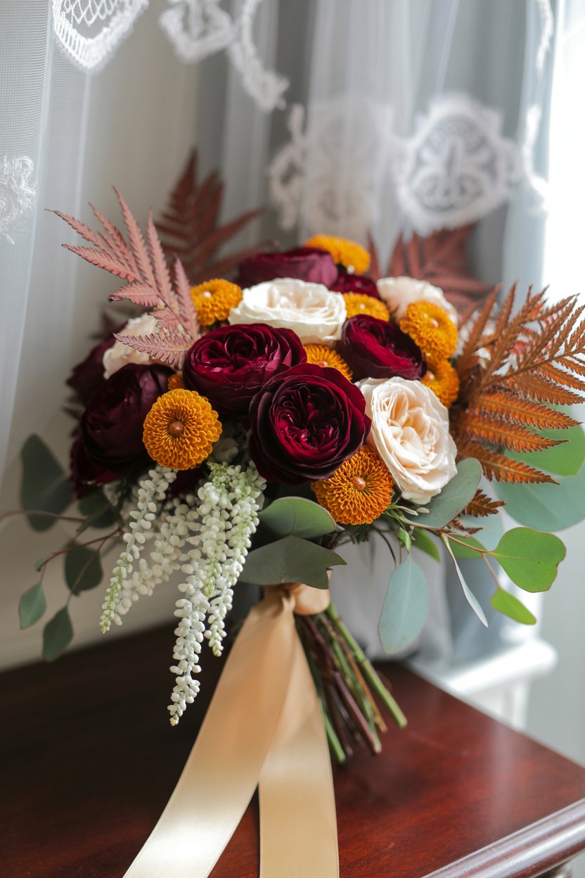 Close-up of autumn bouquet with dahlias, berries, and greenery.