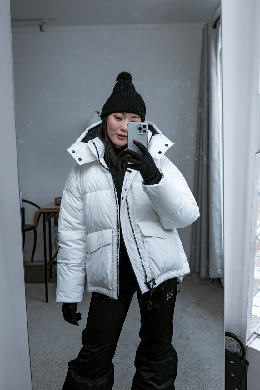 Japanese woman taking a mirror selfie in sleek
monochrome puffer jacket and winter pants, minimal room — japanese women winter streetwear.