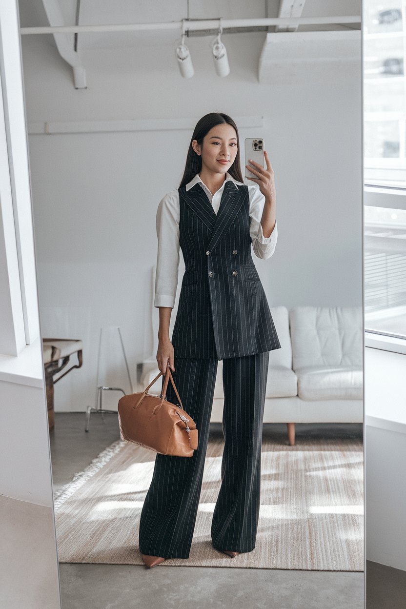 Japanese woman taking a mirror selfie wearing a
fitted vest paired with tailored pants, bright minimalist interior — women business vest outfits.