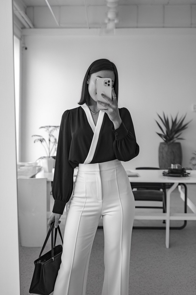 Japanese woman taking a mirror selfie wearing a
black blouse with white tailored pants, modern professional setting — women black and white office outfits.