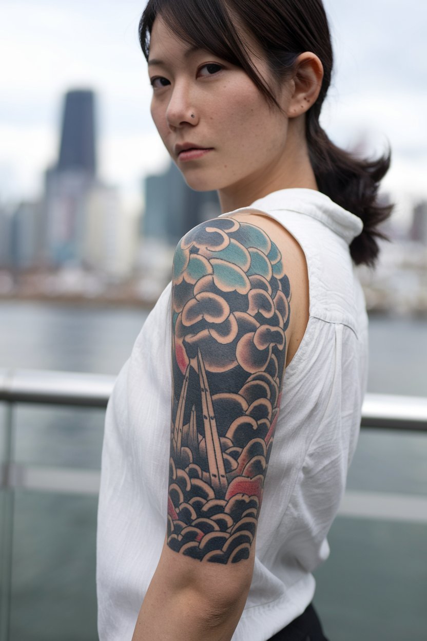 A photograph of a Japanese woman with a cloud tattoo, her face included for full context.