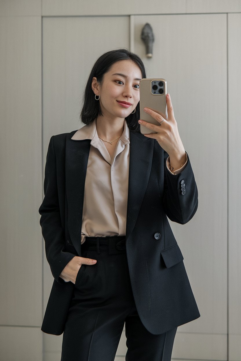 Japanese woman taking a mirror selfie wearing an
executive cardigan business outfit layered over a refined blouse, minimalist professional setting — women elegant business cardigan style.