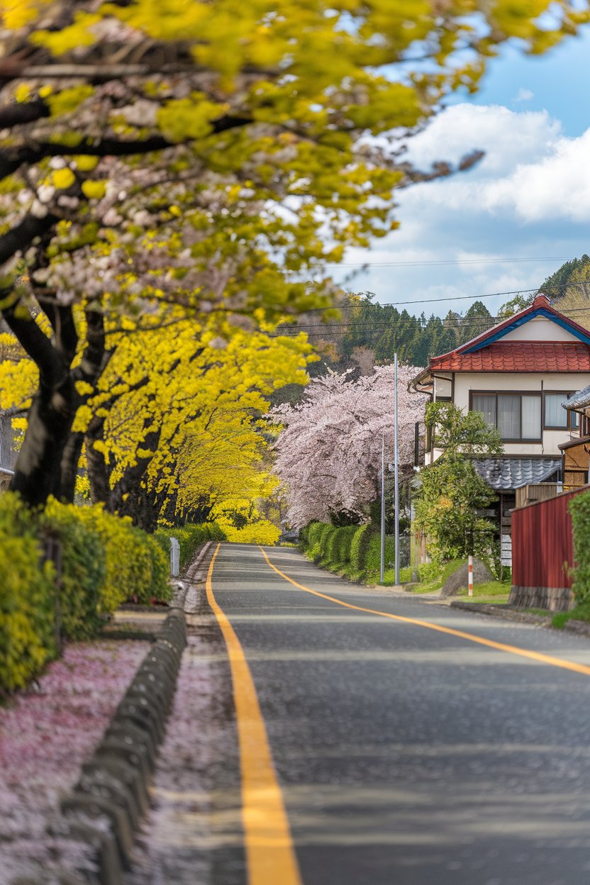 A photo of a real yellow spring road in Japan, with
trees having yellow leaves. The road is lined with cherry blossom trees, and the ground is covered with fallen pink and white petals. In the background, there are traditional Japanese houses with red roofs. The sky is clear, with a few fluffy white clouds.