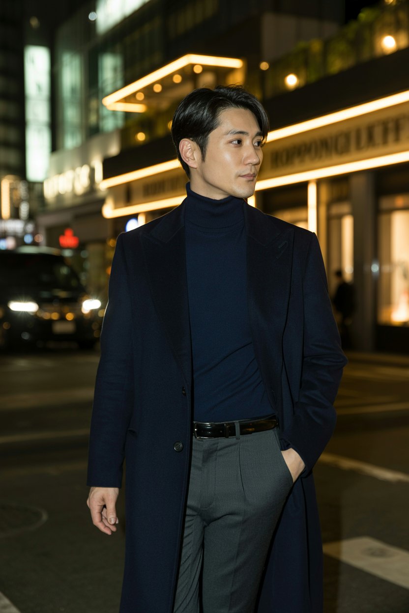 Elegant Japanese man dressed for a winter
evening, wearing a deep navy overcoat with a fitted turtleneck and slim trousers. He stands near softly lit Roppongi nightlife. The scene conveys refined nighttime sophistication with a calm, upscale atmosphere.