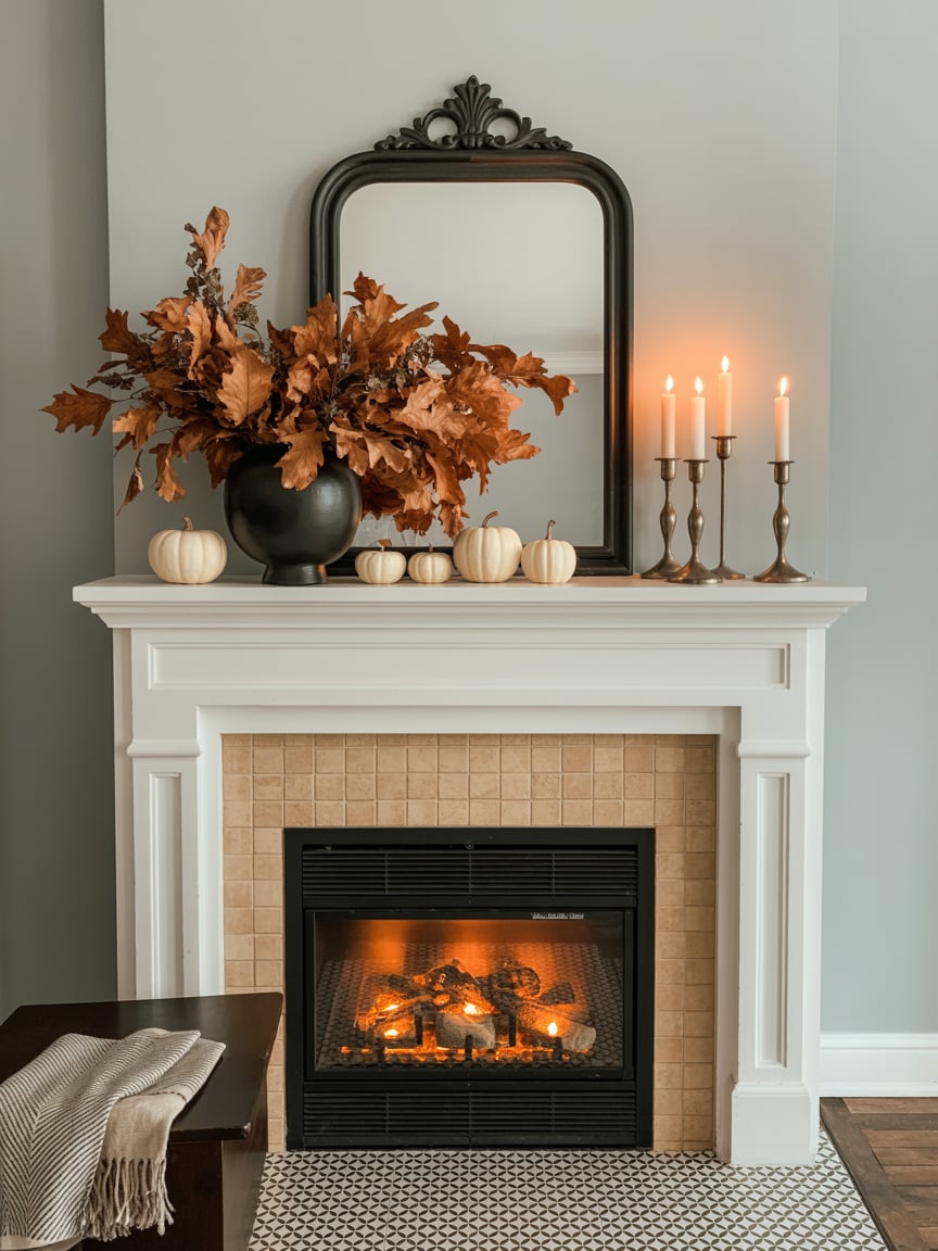 “Fall mantel decorating and living room design with warm earth tones”

