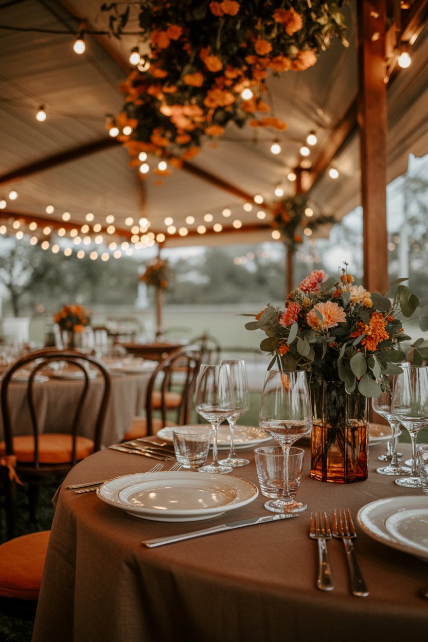 Beautiful orange glow on wedding reception set up 