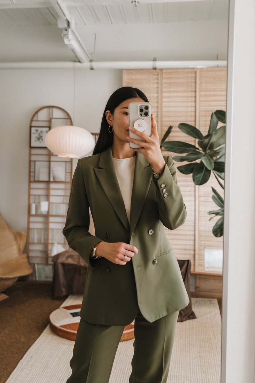 Japanese woman taking a mirror selfie wearing an
olive green office look with clean tailoring, elegant professional space — women business outfits earth tones.