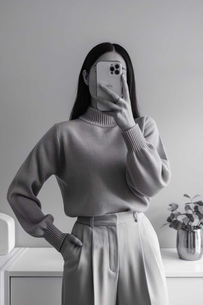 Japanese woman taking a mirror selfie, face not
visible, dressed in a soft fine-knit pullover combined with elegant business pants. Calm neutral tones, minimal background, polished professional look — women business knit pullover style.