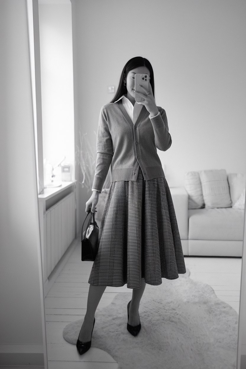 Japanese woman taking a mirror selfie wearing a
fine-knit cardigan paired with a structured midi skirt, bright minimalist interior — women business cardigan outfits.