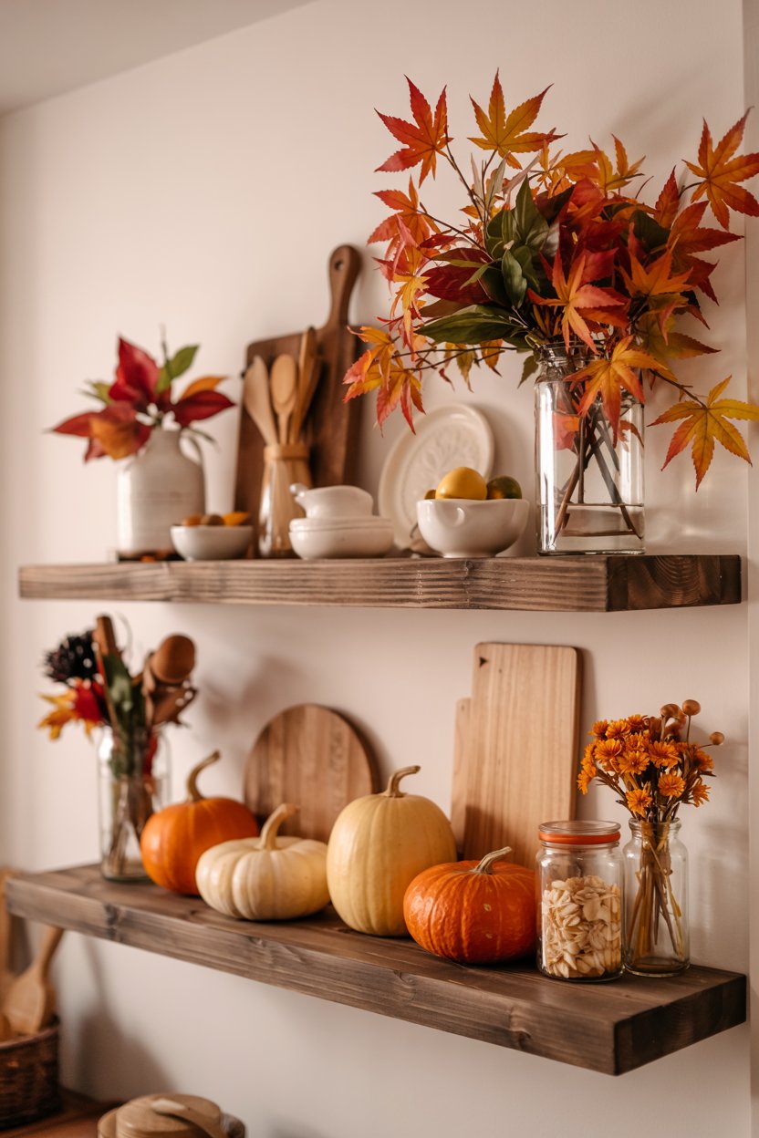 Fall apartment kitchen decor with a hanging fall wreath and cozy textures

