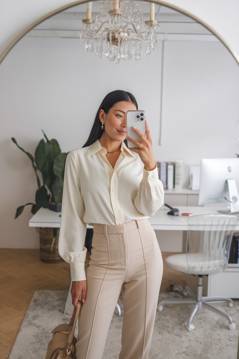 Japanese woman taking a mirror selfie wearing a
cream business blouse with matching tailored pants, bright elegant office space — women neutral tone office fashion.
